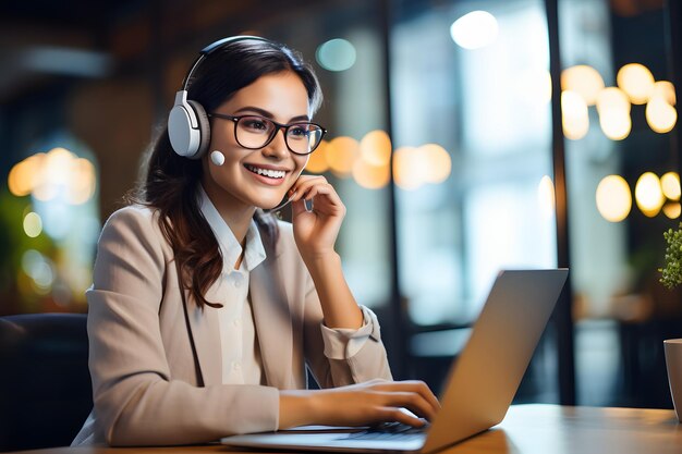 Een vrouw zit voor een laptop met koptelefoon Generatieve AI