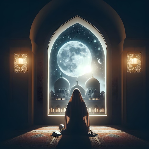 een vrouw zit voor een raam met een maan en een maan achter haar