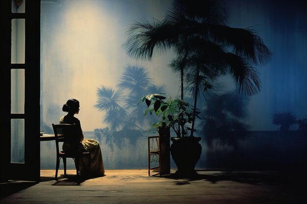 een vrouw zit voor een schilderij dat zegt palm