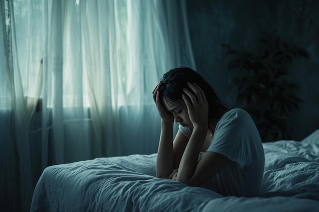 een vrouw zittend op een bed met haar hoofd in haar handen