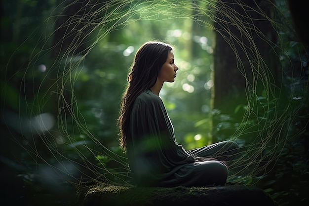 Een vrouw zittend op een rots in een bos Generatieve Ai