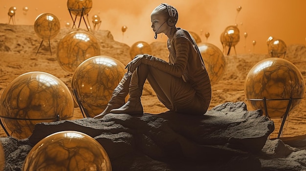 Een vrouw zittend op een rots met een groep ballonnen op de achtergrond Generative AI Art
