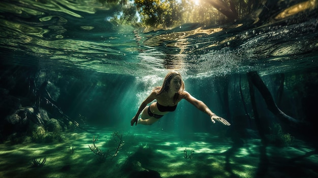 Een vrouw zwemt in het water met de zon op haar gezicht