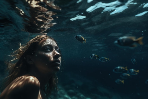 Een vrouw zwemt onder water met een vis op de achtergrond.