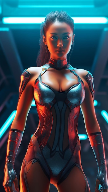 een vrouwelijk model in een futuristisch kostuum met een rood licht achter haar.