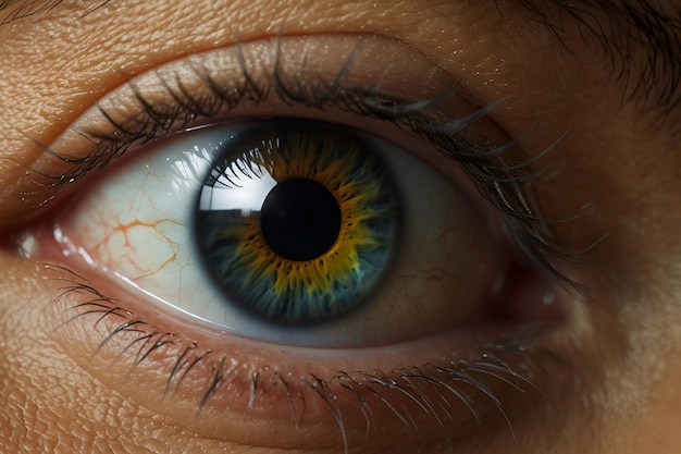 een vrouwelijk oog met een blauw oog dat een geel oog heeft Visuele Wellness Een CloseUp kijk op een gezonde