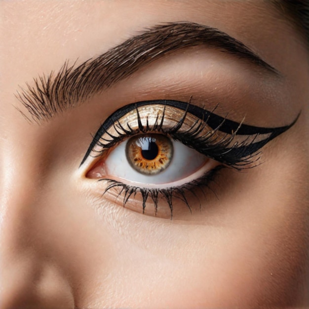 een vrouwelijk oog met een gouden oog en een zwarte lijn aan de zijkant van haar oog
