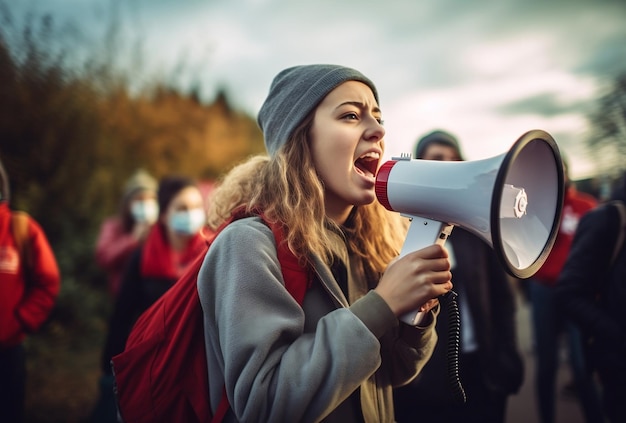 Foto een vrouwelijke activist demonstreert met een megafoon