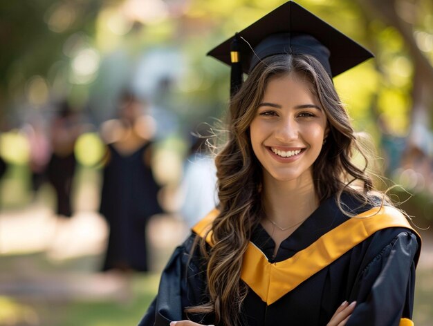 een vrouwelijke afgestudeerde met een gele tassel glimlacht en draagt een afstudeertop