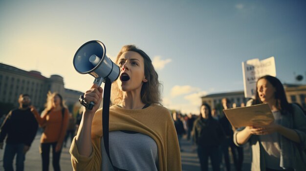 Foto een vrouwelijke agitator spreekt met een luidspreker in een opstand omringd door een menigte demonstranten