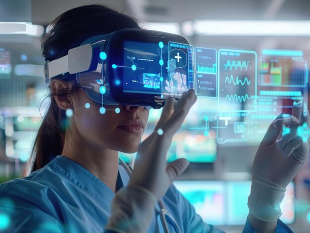 Een vrouwelijke arts is ondergedompeld in een hightech virtuele realiteitssimulatie die interageert met medische gegevens en hersenscans