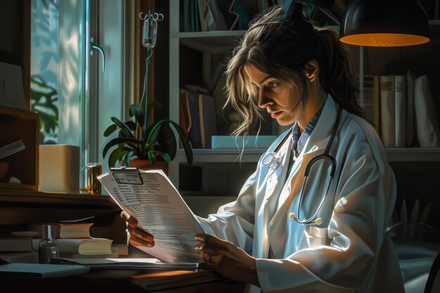 een vrouwelijke arts wordt afgebeeld die een medisch artikel leest in haar kantoor verlicht door natuurlijke verlichting