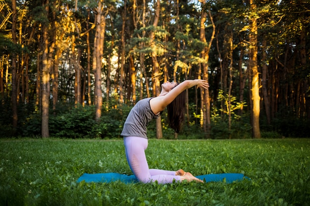 Een vrouwelijke atleet voert een yoga pose Ushtrasana uit bij zonsondergang in het bos