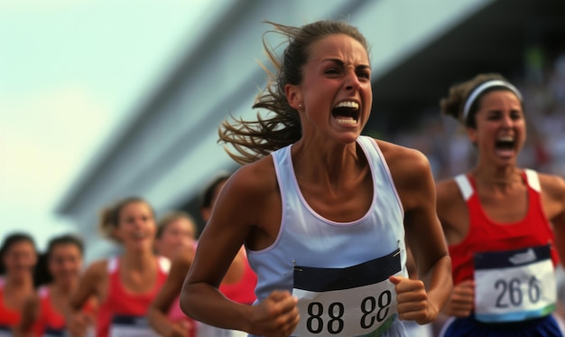 Een vrouwelijke atletiekwedstrijdster viert het winnen van een sprintwedstrijd op een sportevenement