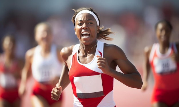 Een vrouwelijke atletiekwedstrijdster viert het winnen van een sprintwedstrijd op een sportevenement