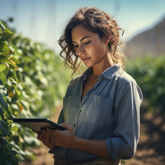 Foto een vrouwelijke boer staat in het veld met een tablet in haar handen.