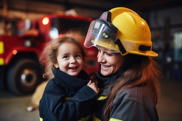 Een vrouwelijke brandweerman met een glimlach terwijl hij een gered jong meisje uit een brand knuffelt