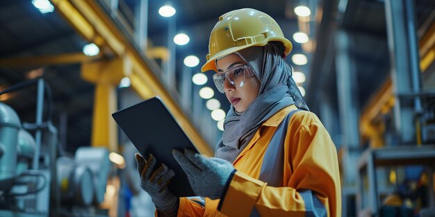 Een vrouwelijke civiele ingenieur een moslimvrouw in hijab en een harde hoed gekleed in een uniform met een tablet