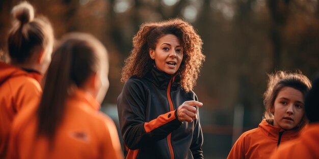 een vrouwelijke coach die instructies geeft aan haar team tijdens een voetbalwedstrijd