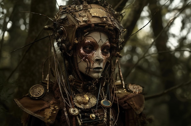 Een vrouwelijke cyborg in een bos