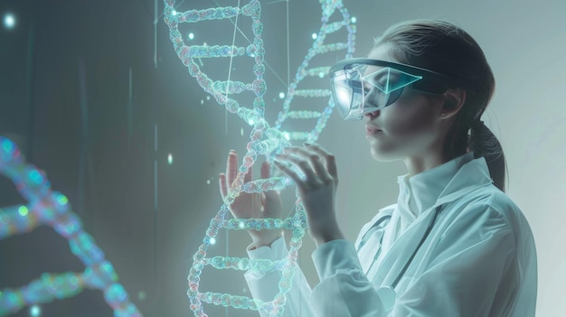 Een vrouwelijke dokter-geneticus draagt een virtuele realiteitsbril terwijl ze een hologram 3D-model van DNA aanraakt op een grijze achtergrond
