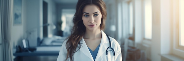 Een vrouwelijke dokter met een stethoscoop om haar nek en een blauw shirt.