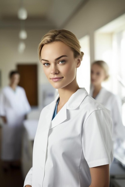 Foto een vrouwelijke dokter met een witte labjas en een blauw shirt
