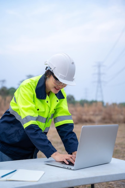 Een vrouwelijke elektrotechnisch ingenieur die de locatie controleert met behulp van een notebookcomputer die bij een krachtcentrale staat om het planningswerk te bekijken door elektrische energie te produceren bij hoogspanningselektroden Verticaal beeld