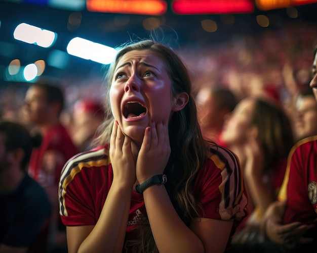 Foto een vrouwelijke fan die tranen van vreugde of teleurstelling laat vallen