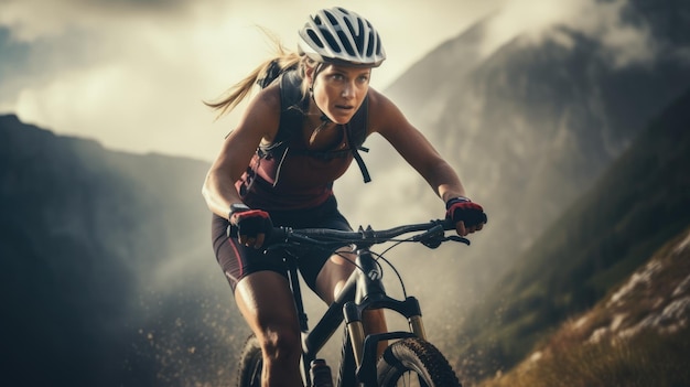 Een vrouwelijke fietser die in een bergachtig terrein rijdt Extreme fietsen Fietssport