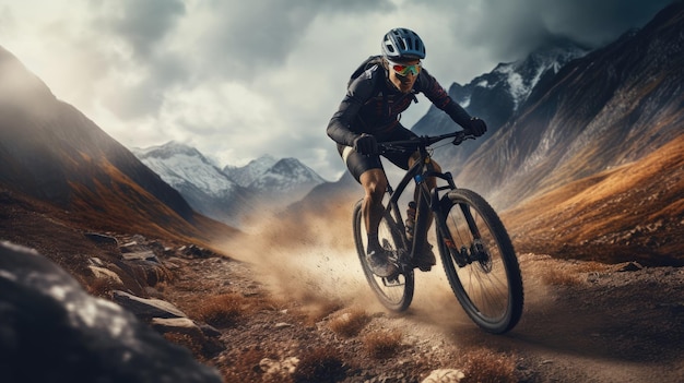 Een vrouwelijke fietser rijdt in bergachtig terrein Extreme wielersport Wielersport