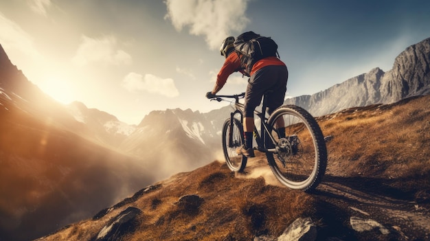 Een vrouwelijke fietser rijdt in bergachtig terrein Extreme wielersport Wielersport