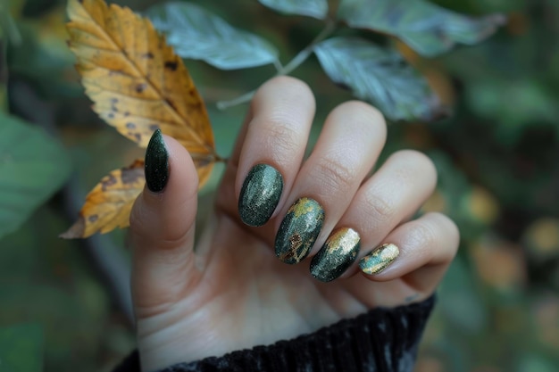 Een vrouwelijke hand die een blad vasthoudt met middelgrote nagels in een donkergroene kleur en een goudfolie accent op haar nagels