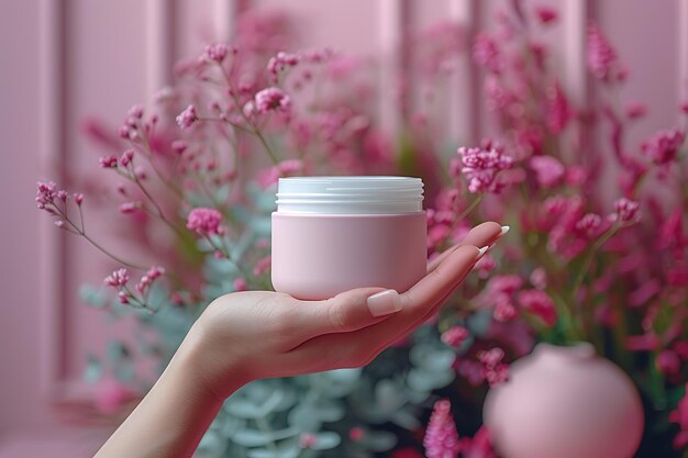 een vrouwelijke hand houdt een cosmetische pot met toegepaste crème het concept van handcrème lotion