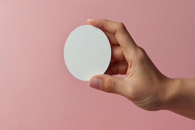 Een vrouwelijke hand met een blanke witte ronde sticker op een roze achtergrond