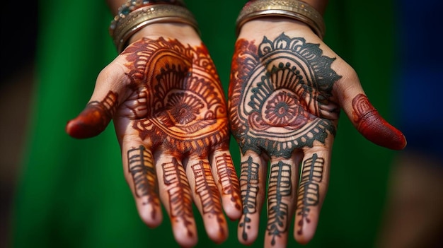 Een vrouwelijke hand met een henna tatoeage erop.