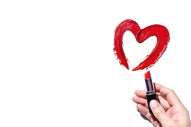 Een vrouwelijke hand tekent een hart met rode lippenstift witte achtergrond foto kopieer ruimte plaats voor uw tekst