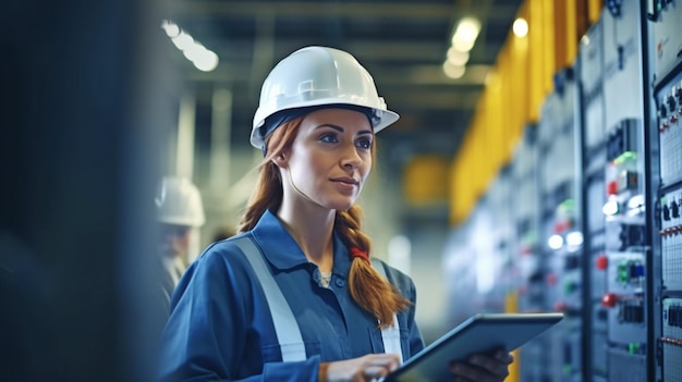 Een vrouwelijke industrieel elektrotechnisch ingenieur controleert en onderhoudt CNC-machines in een fabriek terwijl ze voor een bedieningspaneel zit met een tablet in haar hand The Generative AI