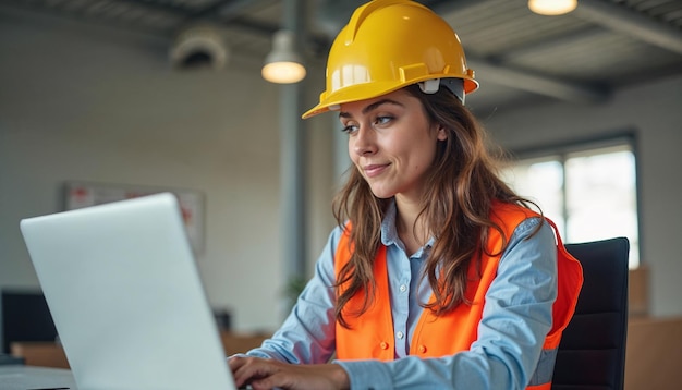 Een vrouwelijke ingenieur bekijkt plannen op haar laptop tijdens een werkdag op een moderne bouwplaats