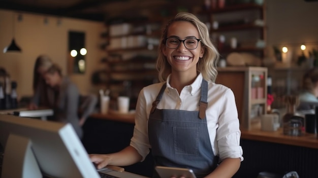 Een vrouwelijke kassier Portret van een glimlachende handelaar die een touchpad gebruikt om klantbetalingen te accepteren