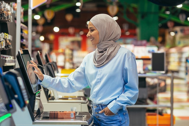 Een vrouwelijke koper in een supermarkt in een hijab betaalt goederen bij een handige zelfbedieningskassa