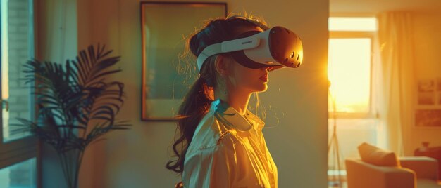 Een vrouwelijke kunstenaar draagt thuis een virtual reality headset terwijl ze een lege digitale internetstudio ruimte voor beeldende kunstenaars binnengaat. De omgeving is gevuld met immersieve hulpmiddelen voor gebruikers om te creëren