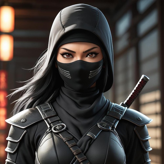 Een vrouwelijke ninja in een zwarte cape met een zwaard in haar rug.