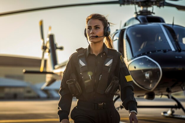 Een vrouwelijke piloot in haar uniform die zelfverzekerd van een helikopter loopt