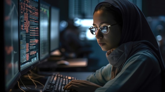 Een vrouwelijke programmeur werkt aan een computer in een donkere kamer Generatieve AI