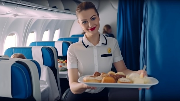 Een vrouwelijke stewardess is aan boord om ervoor te zorgen dat Generative AI passagiers aan boord zelf maaltijden en drankjes kan laten serveren