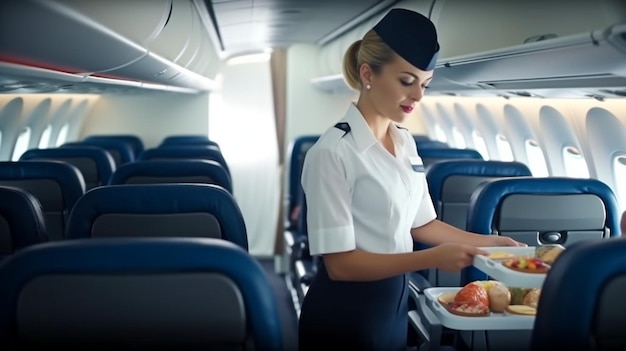 Een vrouwelijke stewardess is aan boord om ervoor te zorgen dat Generative AI passagiers aan boord zelf maaltijden en drankjes kan laten serveren