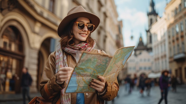 Een vrouwelijke toerist in Europa met een kaart die plaatsen verkent om te bezoeken