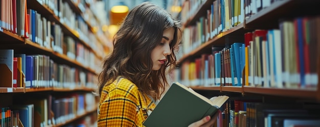 Een vrouwelijke universiteitsstudent kiest zorgvuldig een boek uit de plank in de bibliotheek dat haar wetenschappelijke bezigheden en zoektocht naar kennis weerspiegelt