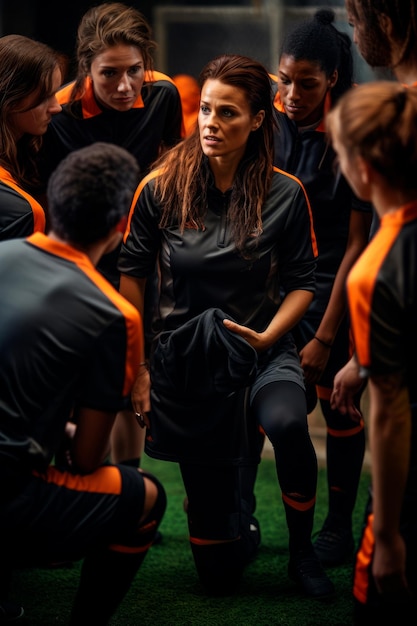 een vrouwelijke voetbalcoach die strategie bespreekt met haar team gecreëerd met generatieve AI-technologie